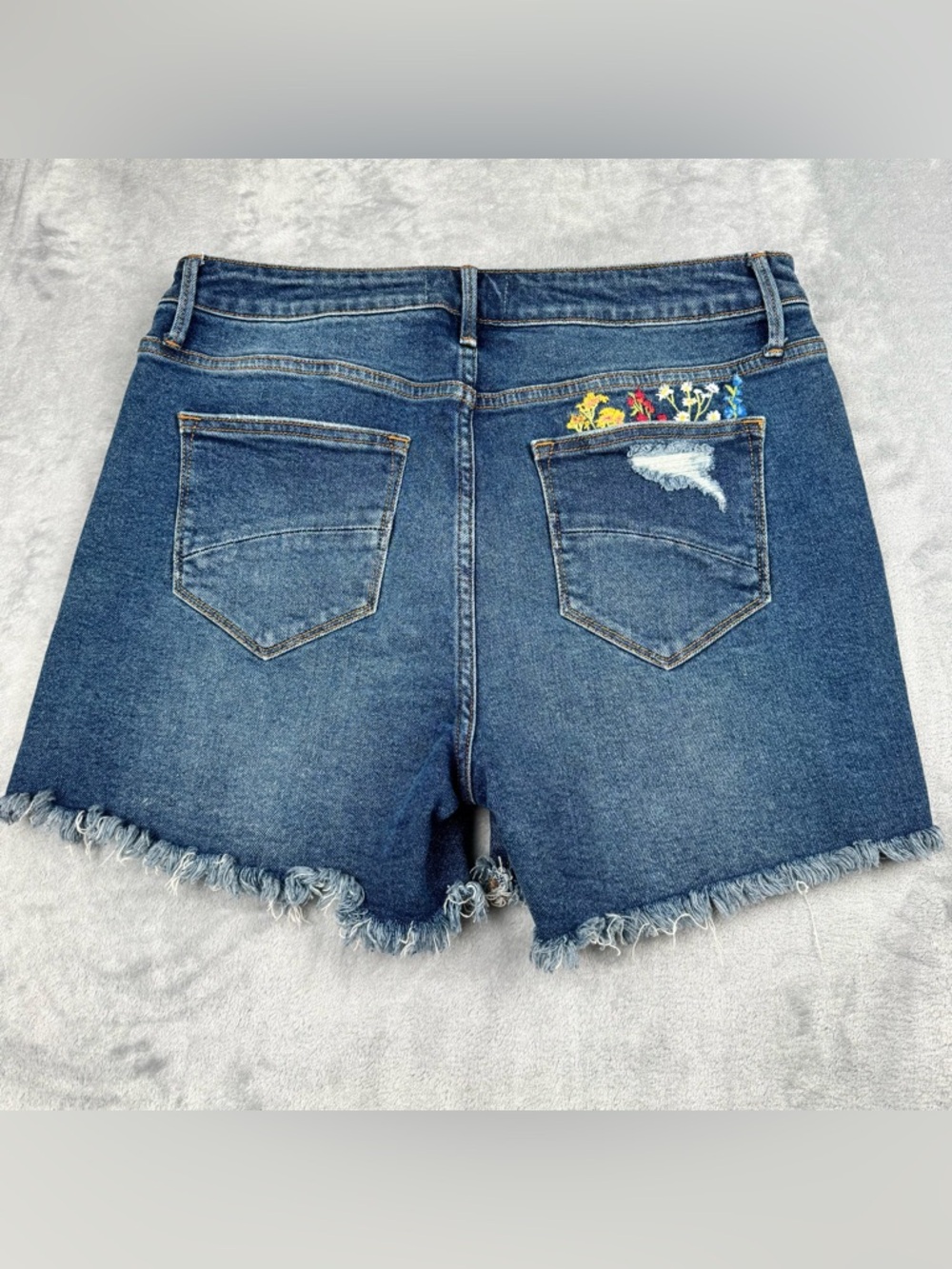 Driftwood Embroidered Lulu Denim Shorts Womens 29 Floral Boho Festival Raw Hem